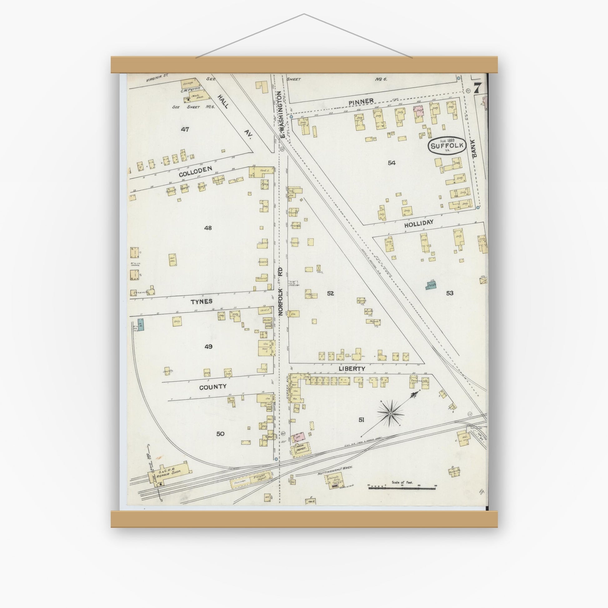 Old map wall art mockup — magnetic wood frame on white wall — Sanborn Fire Insurance Map from Suffolk, Independent Cities, Virginia (1889), Sheet #0007