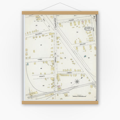Old map wall art mockup — magnetic wood frame on white wall — Sanborn Fire Insurance Map from Suffolk, Independent Cities, Virginia (1889), Sheet #0007
