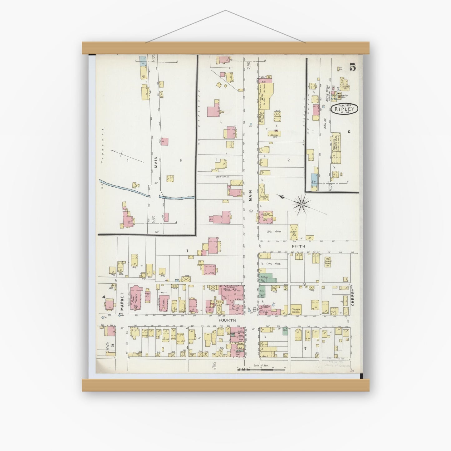 Old map wall art mockup — magnetic wood frame on white wall — Sanborn Fire Insurance Map from Ripley, Brown County, Ohio (1895), Sheet #0005