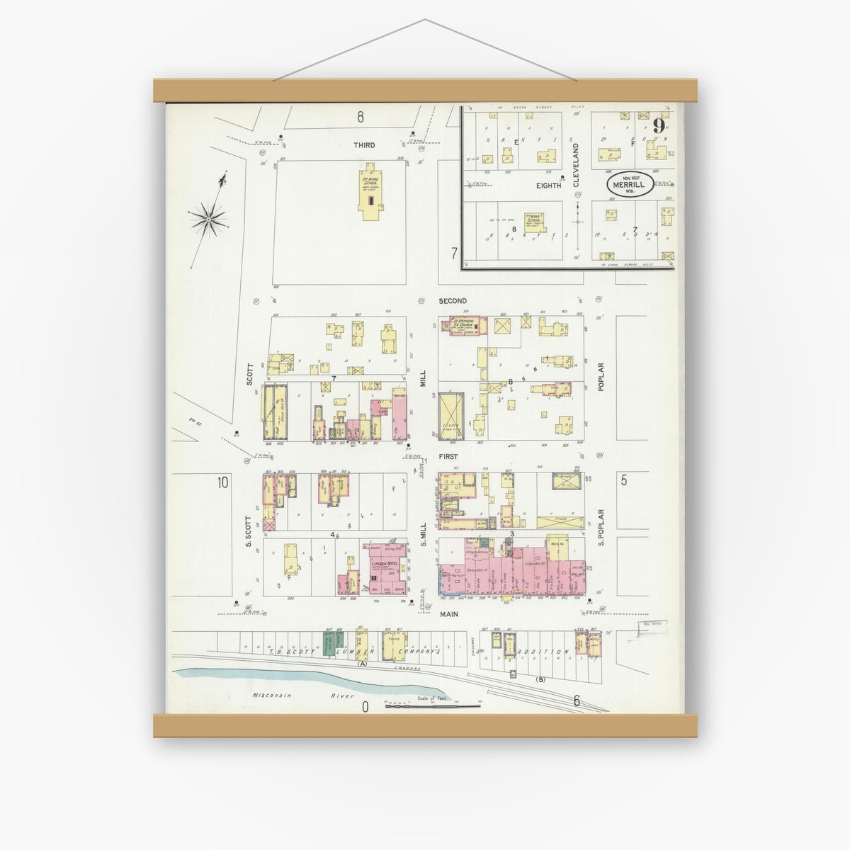 Old map wall art mockup — magnetic wood frame on white wall — Sanborn Fire Insurance Map from Merrill, Lincoln County, Wisconsin (1907), Sheet #0009