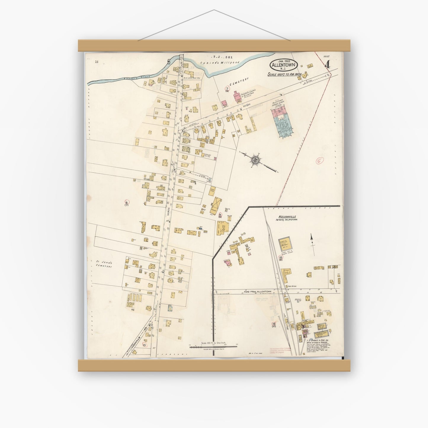 Old map wall art mockup — magnetic wood frame on white wall — Sanborn Fire Insurance Map from Allentown, Monmouth County, New Jersey (1940), Sheet #0004