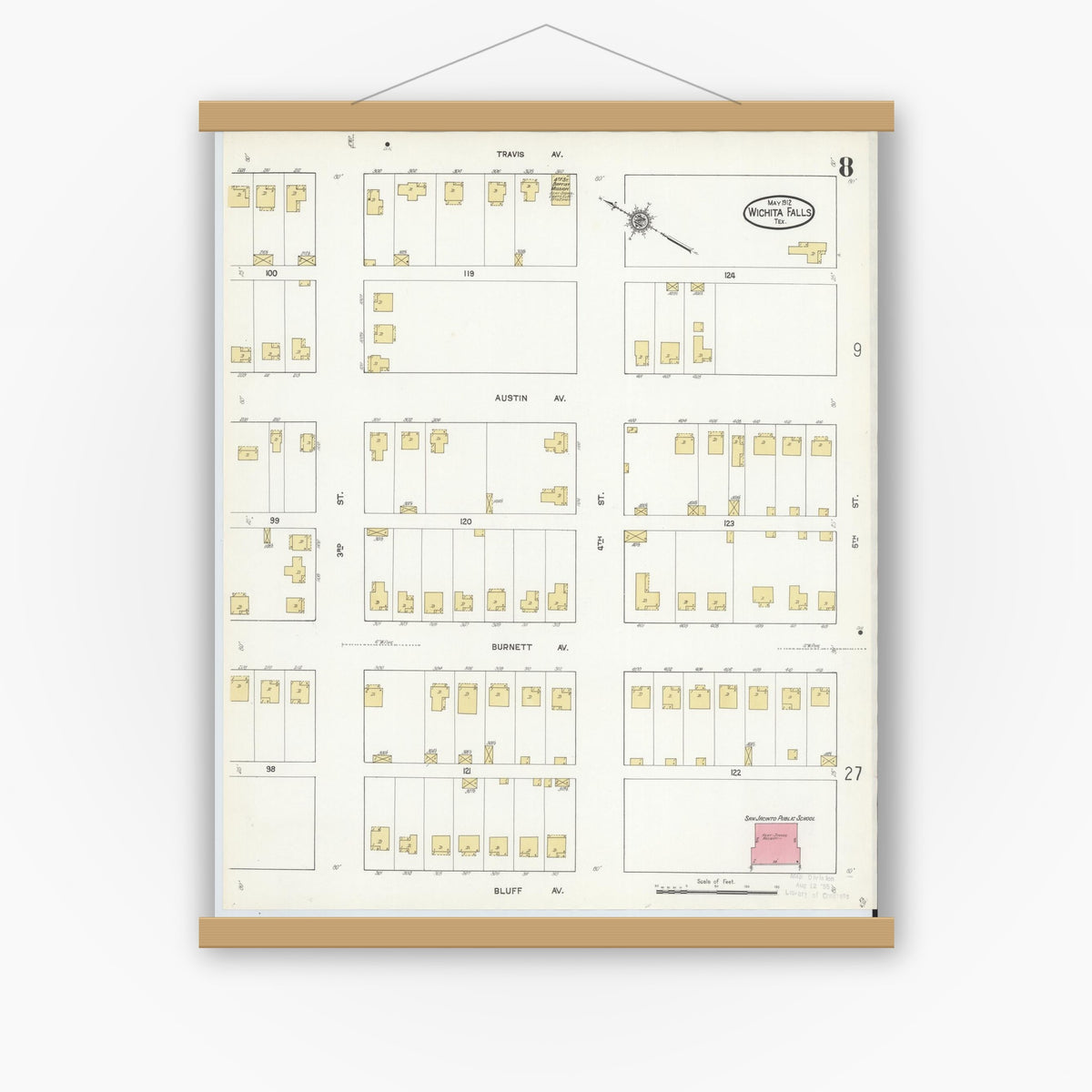 Old map wall art mockup — magnetic wood frame on white wall — Sanborn Fire Insurance Map from Wichita Falls, Wichita County, Texas (1912), Sheet #0008