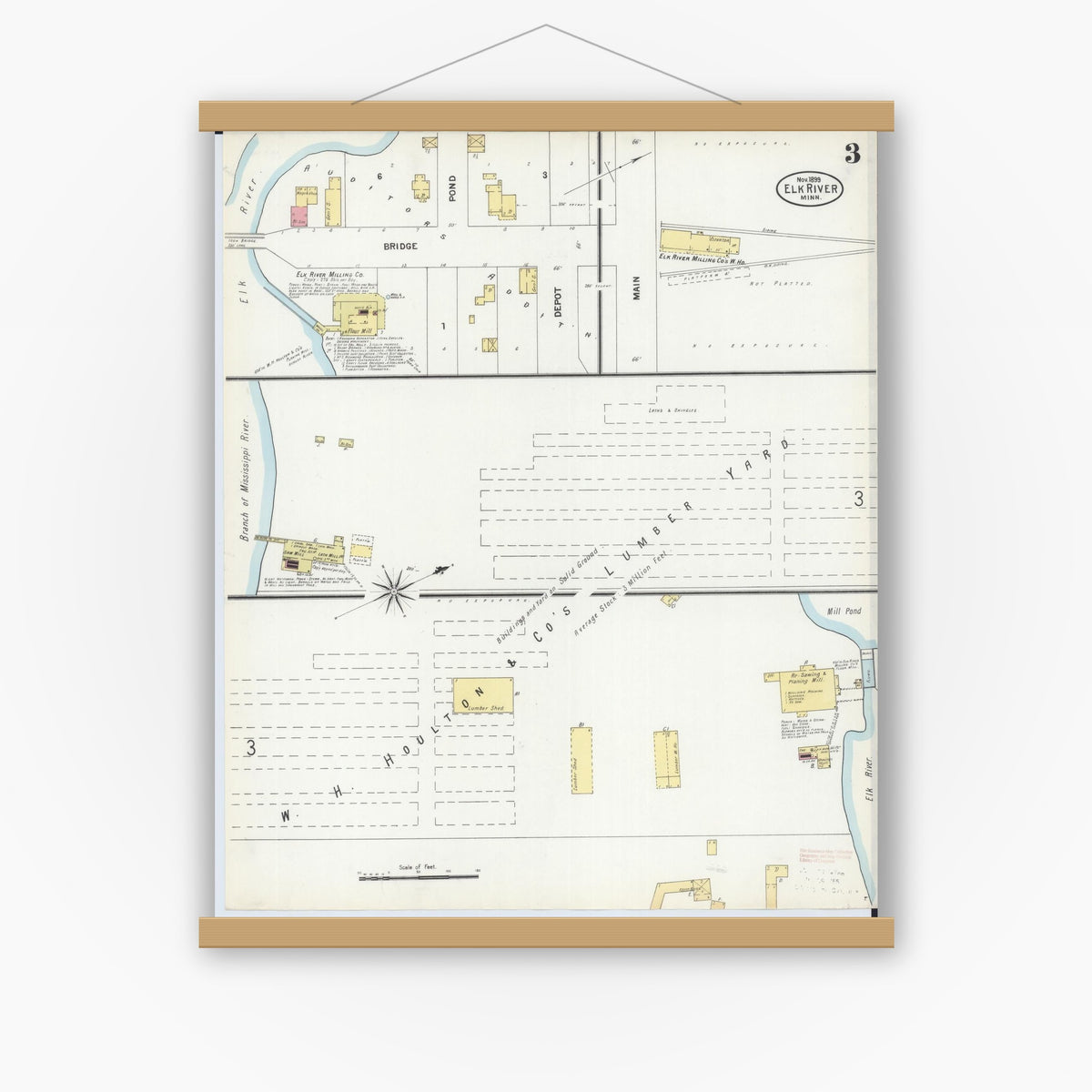 Old map wall art mockup — magnetic wood frame on white wall — Sanborn Fire Insurance Map from Elk River, Sherburne County, Minnesota (1899), Sheet #0003