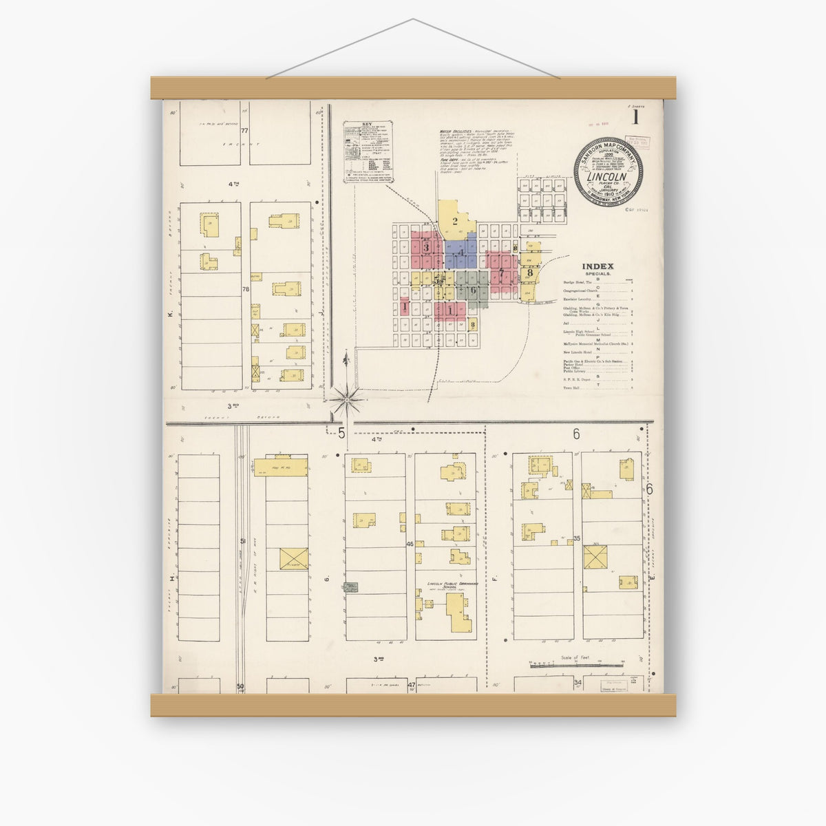 Old map wall art mockup — magnetic wood frame on white wall — Sanborn Fire Insurance Map from Lincoln, Placer County, California (1910) - Complete Map Set