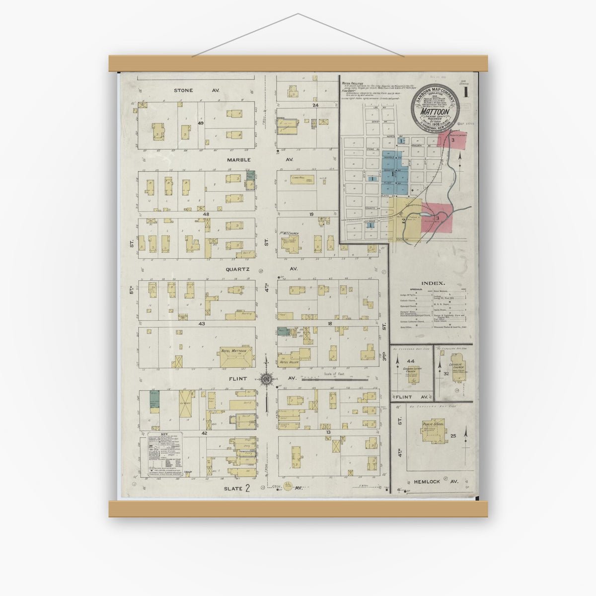 Old map wall art mockup — magnetic wood frame on white wall — Sanborn Fire Insurance Map from Mattoon, Shawano County, Wisconsin (1909) - Complete Map Set