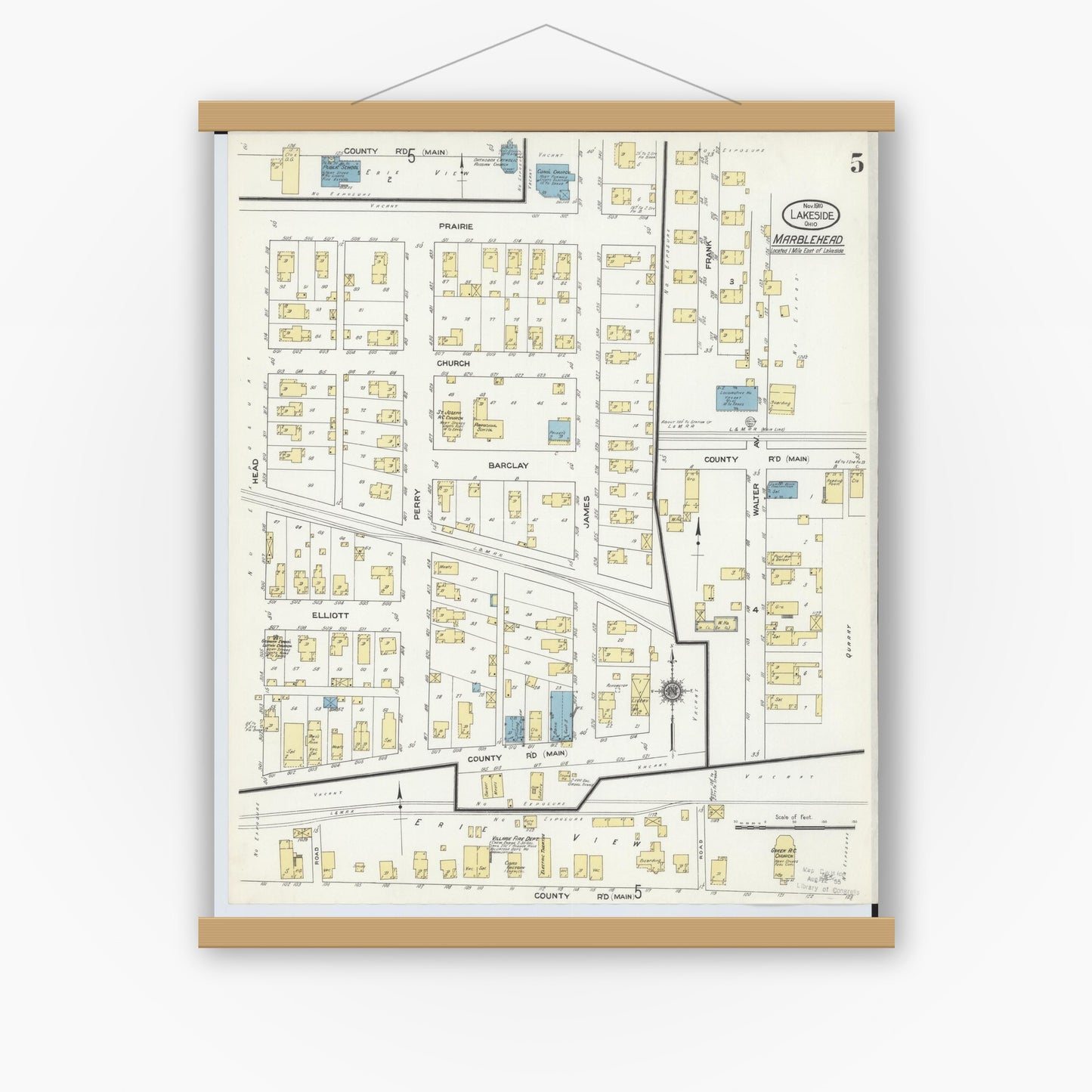Old map wall art mockup — magnetic wood frame on white wall — Sanborn Fire Insurance Map from Lakeside, Ottawa County, Ohio (1910), Sheet #0005