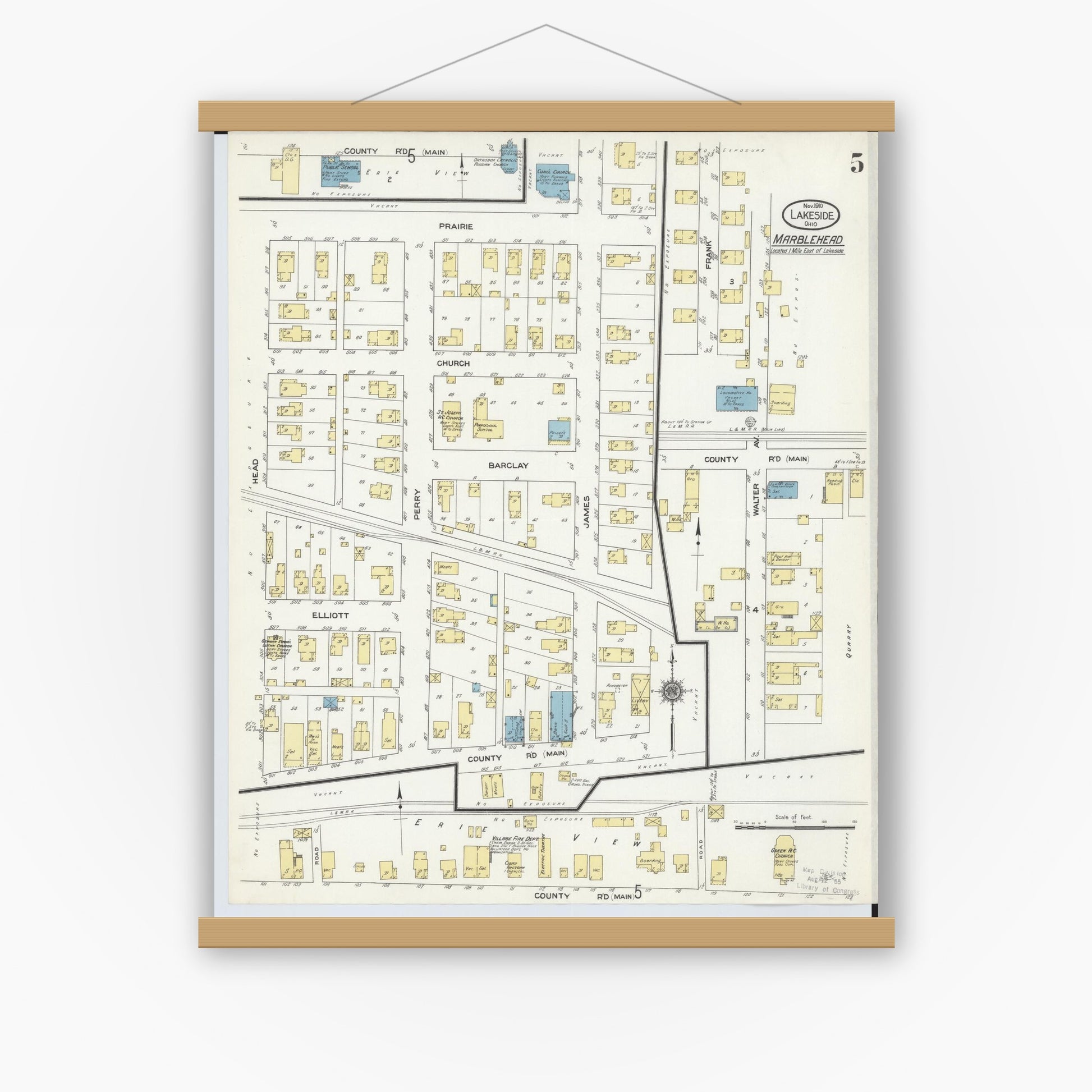 Old map wall art mockup — magnetic wood frame on white wall — Sanborn Fire Insurance Map from Lakeside, Ottawa County, Ohio (1910), Sheet #0005