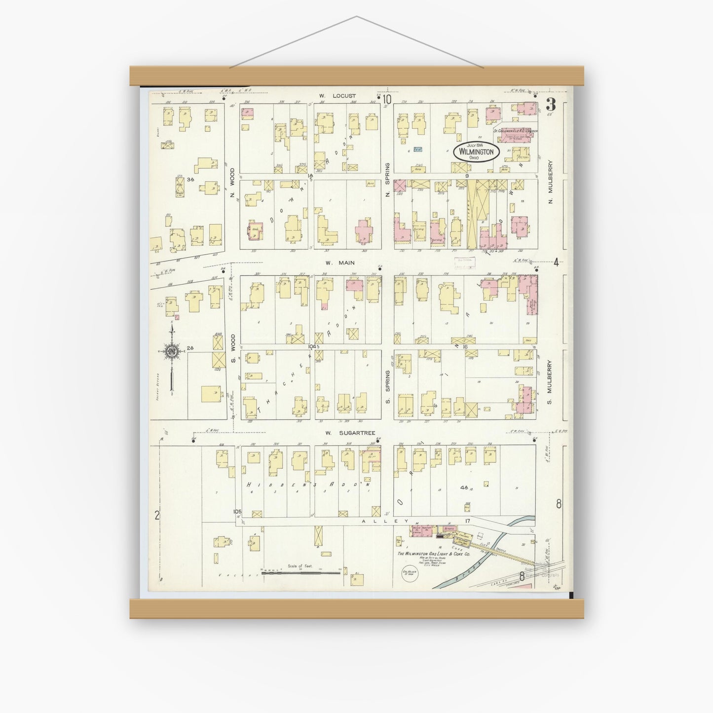 Old map wall art mockup — magnetic wood frame on white wall — Sanborn Fire Insurance Map from Wilmington, Clinton County, Ohio (1914), Sheet #0003