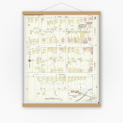 Old map wall art mockup — magnetic wood frame on white wall — Sanborn Fire Insurance Map from Wilmington, Clinton County, Ohio (1914), Sheet #0003