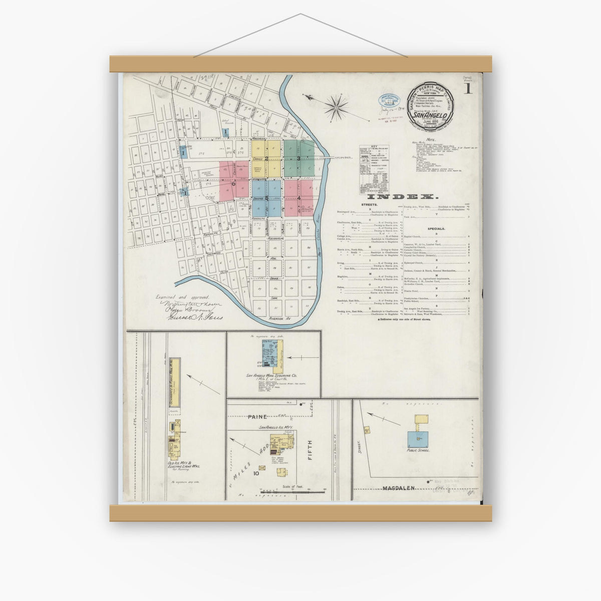 Old map wall art mockup — magnetic wood frame on white wall — Sanborn Fire Insurance Map from San Angelo, Tom Green County, Texas (1894), Sheet #0001
