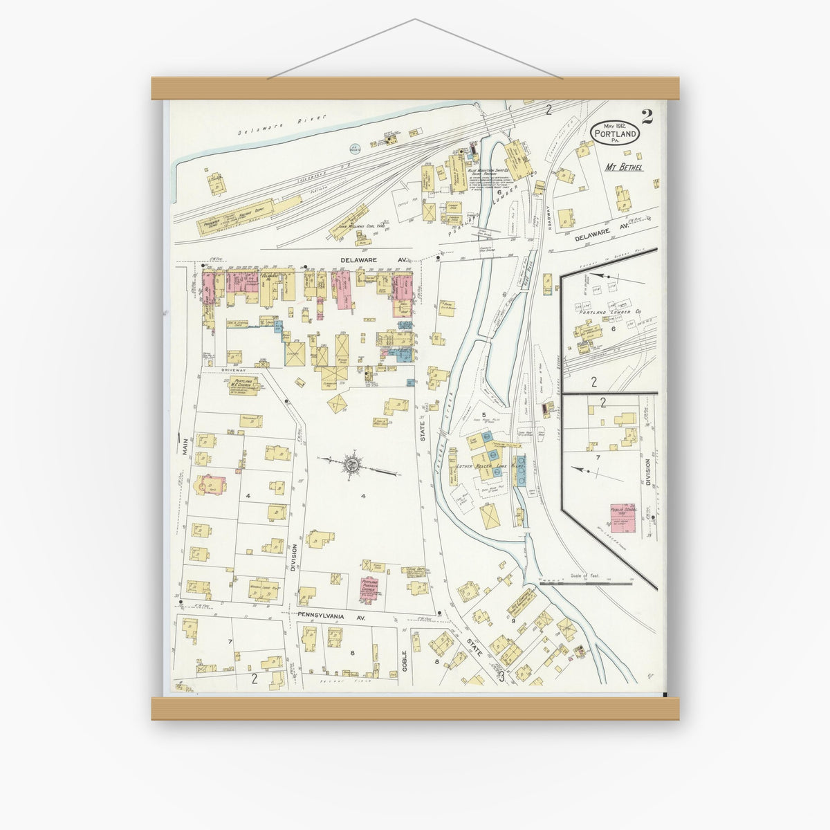 Old map wall art mockup — magnetic wood frame on white wall — Sanborn Fire Insurance Map from Portland, Northampton County, Pennsylvania (1912), Sheet #0002