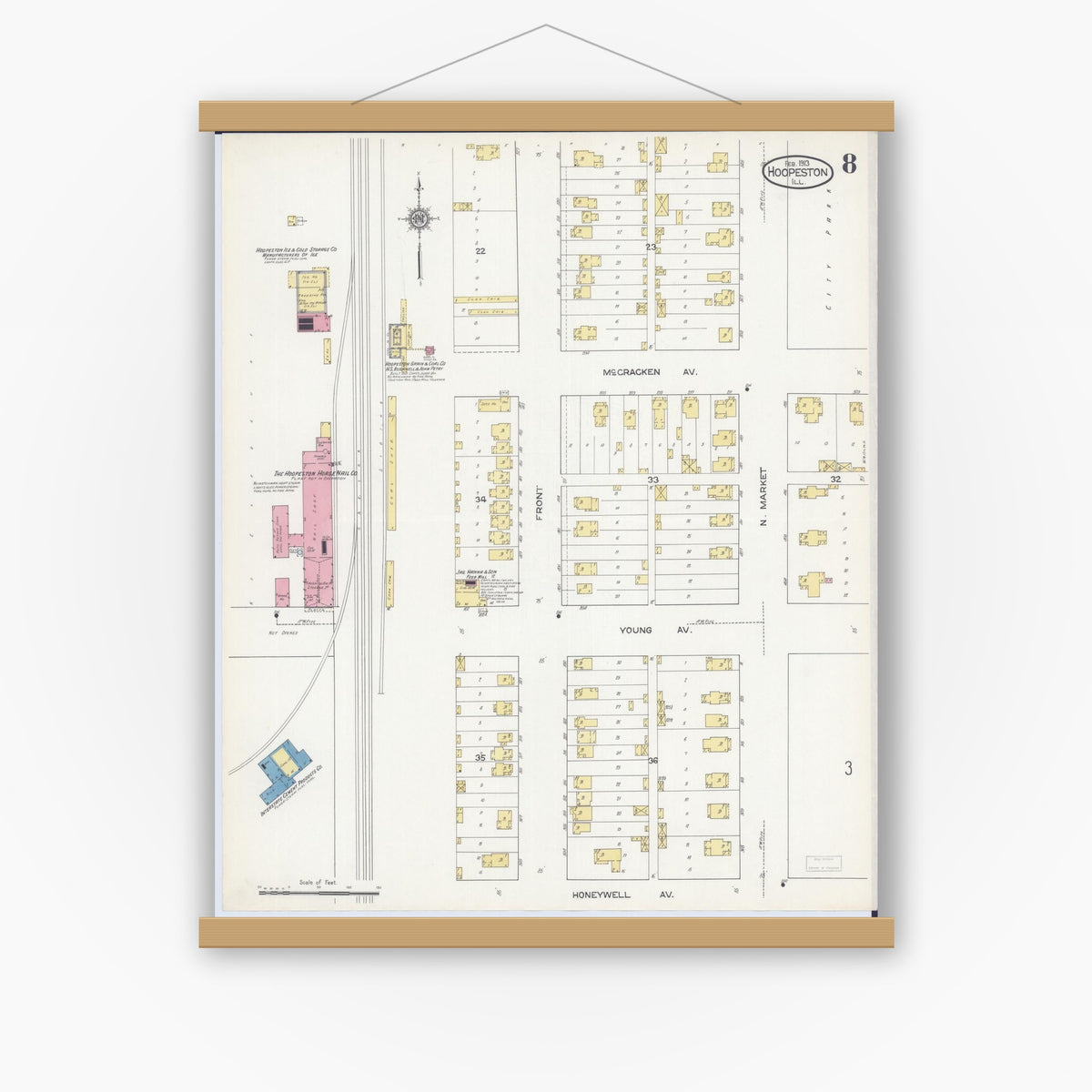Old map wall art mockup — magnetic wood frame on white wall — Sanborn Fire Insurance Map from Hoopeston, Vermilion County, Illinois (1913), Sheet #0008