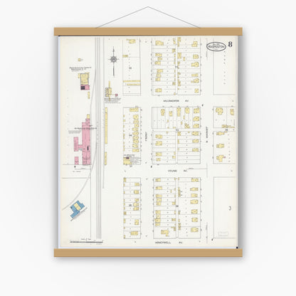 Old map wall art mockup — magnetic wood frame on white wall — Sanborn Fire Insurance Map from Hoopeston, Vermilion County, Illinois (1913), Sheet #0008