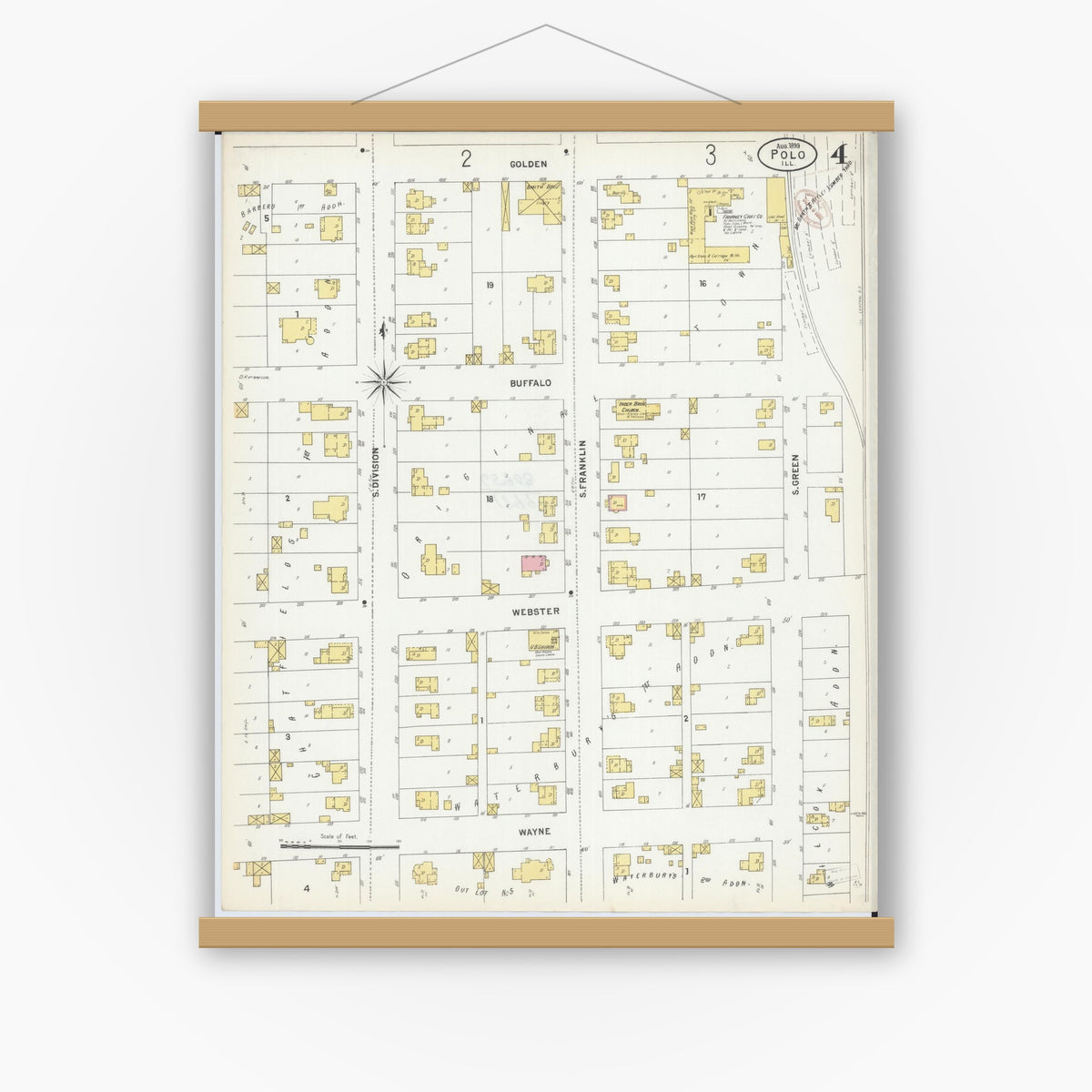 Old map wall art mockup — magnetic wood frame on white wall — Sanborn Fire Insurance Map from Polo, Ogle County, Illinois (1899), Sheet #0004