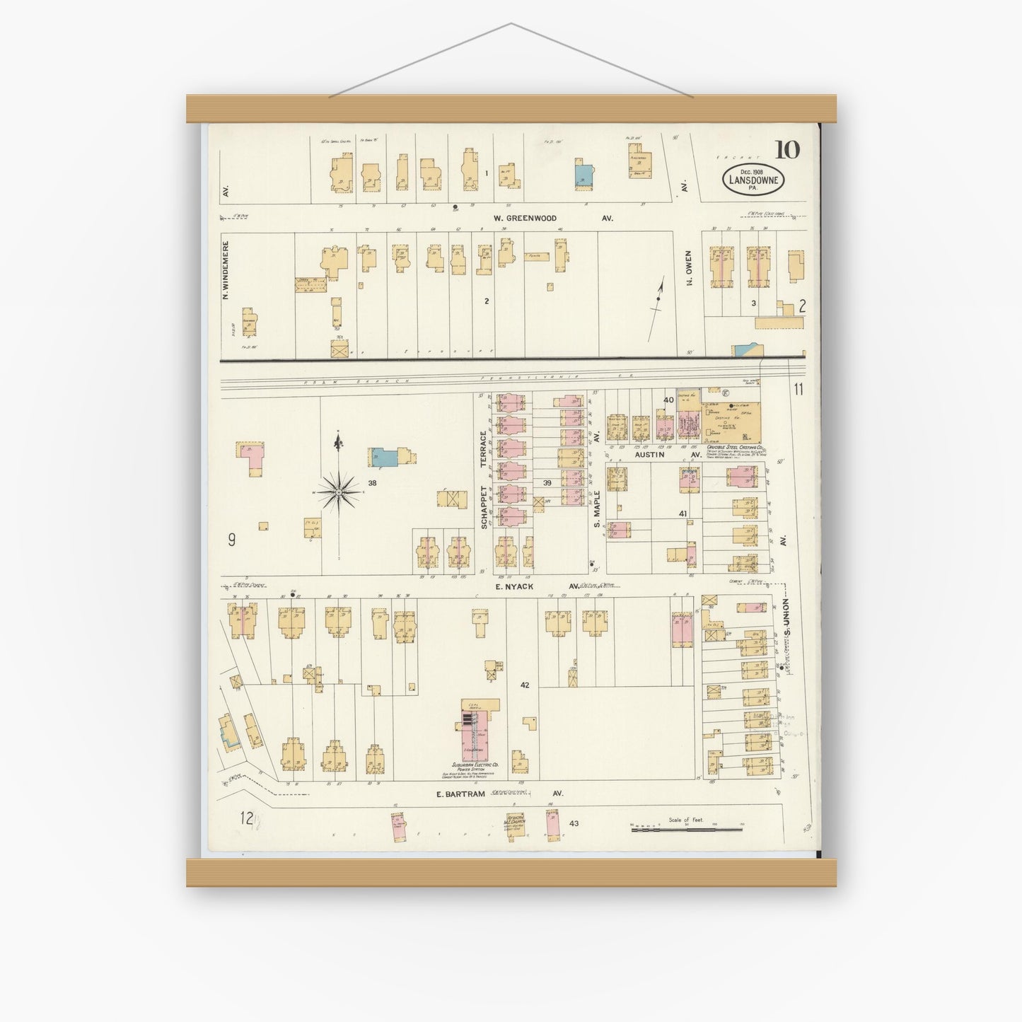 Old map wall art mockup — magnetic wood frame on white wall — Sanborn Fire Insurance Map from Lansdowne, Delaware County, Pennsylvania (1908), Sheet #0010