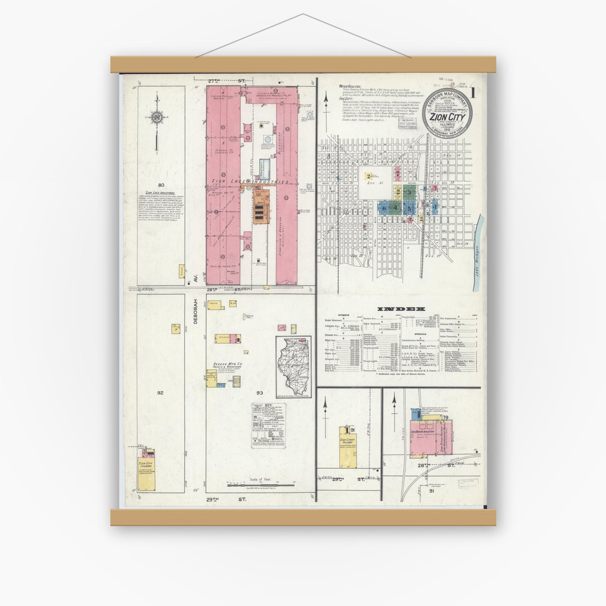 Old map wall art mockup — magnetic wood frame on white wall — Sanborn Fire Insurance Map from Zion, Lake County, Illinois (1918), Sheet #0001