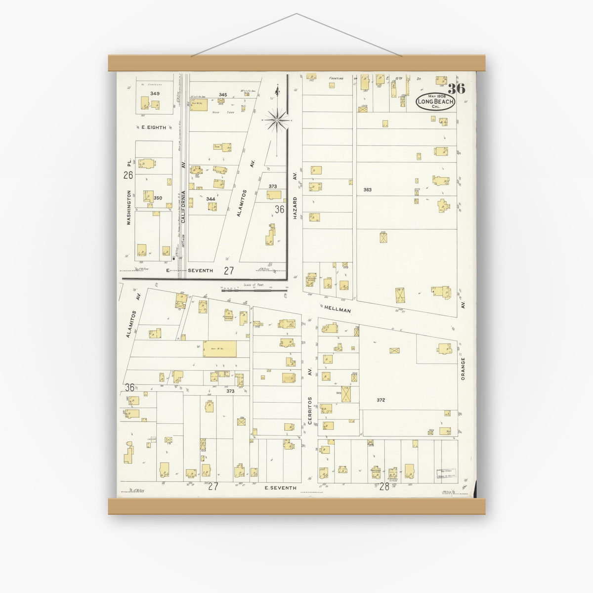 Old map wall art mockup — magnetic wood frame on white wall — Sanborn Fire Insurance Map from Long Beach, Los Angeles County, California (1908), Sheet #0036