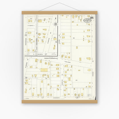 Old map wall art mockup — magnetic wood frame on white wall — Sanborn Fire Insurance Map from Long Beach, Los Angeles County, California (1908), Sheet #0036