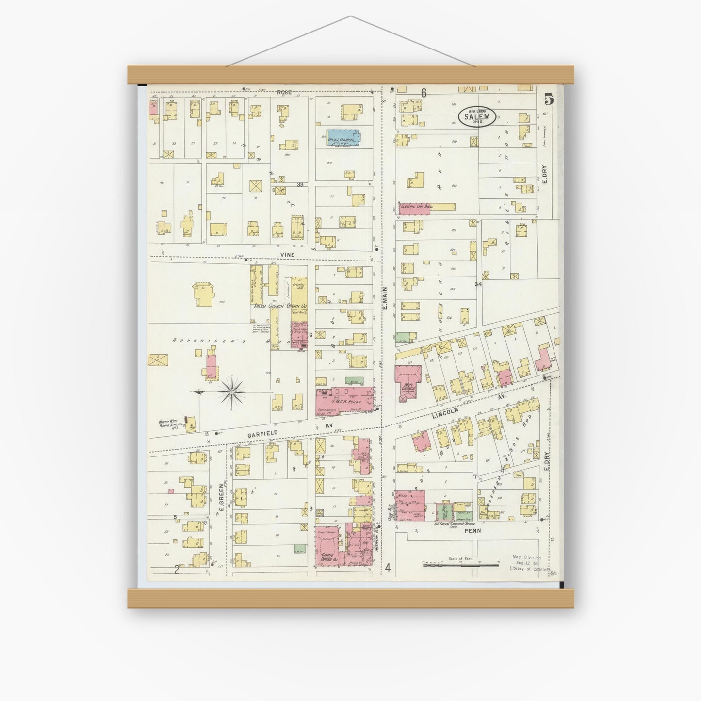 Old map wall art mockup — magnetic wood frame on white wall — Sanborn Fire Insurance Map from Salem, Columbiana County, Ohio (1898), Sheet #0005