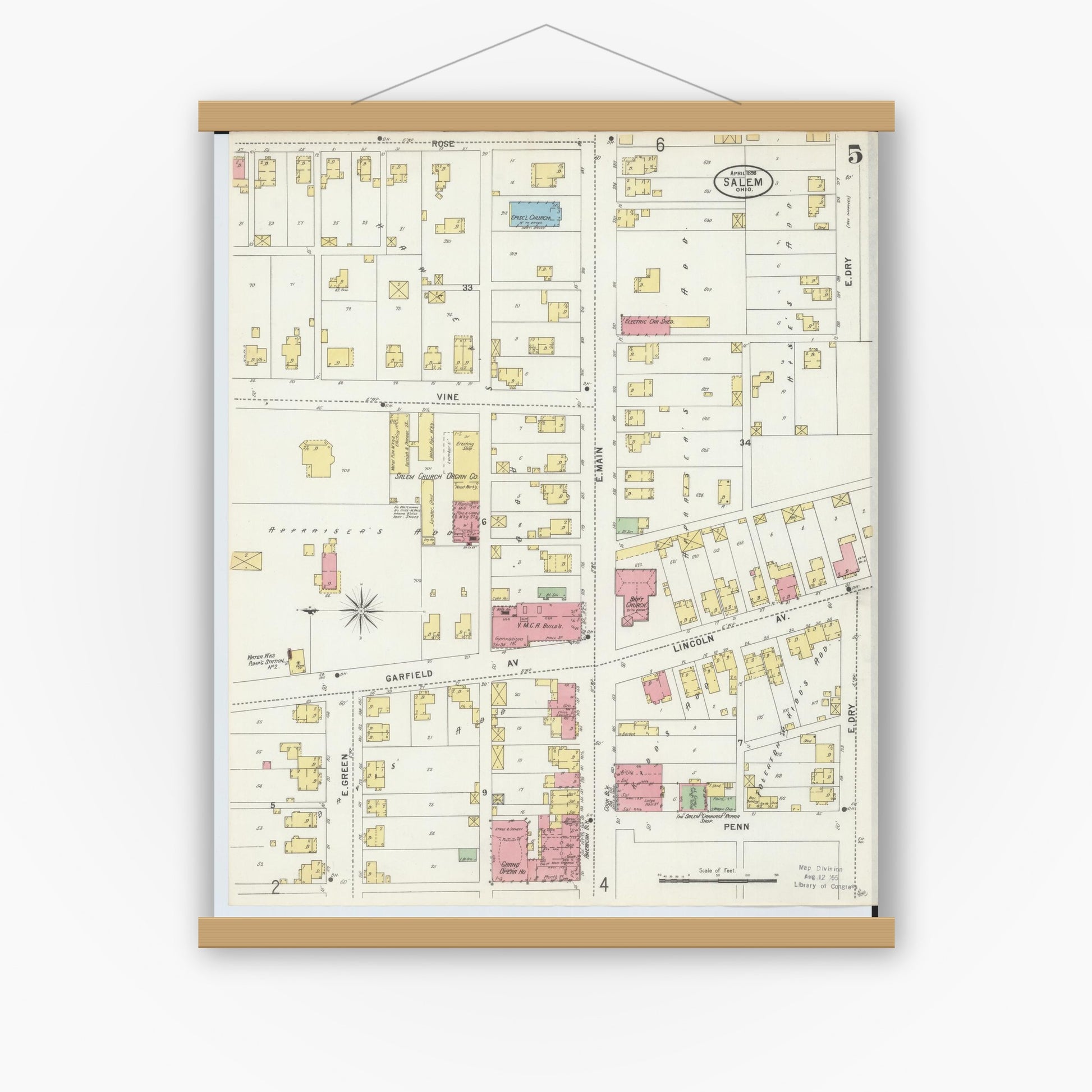 Old map wall art mockup — magnetic wood frame on white wall — Sanborn Fire Insurance Map from Salem, Columbiana County, Ohio (1898), Sheet #0005