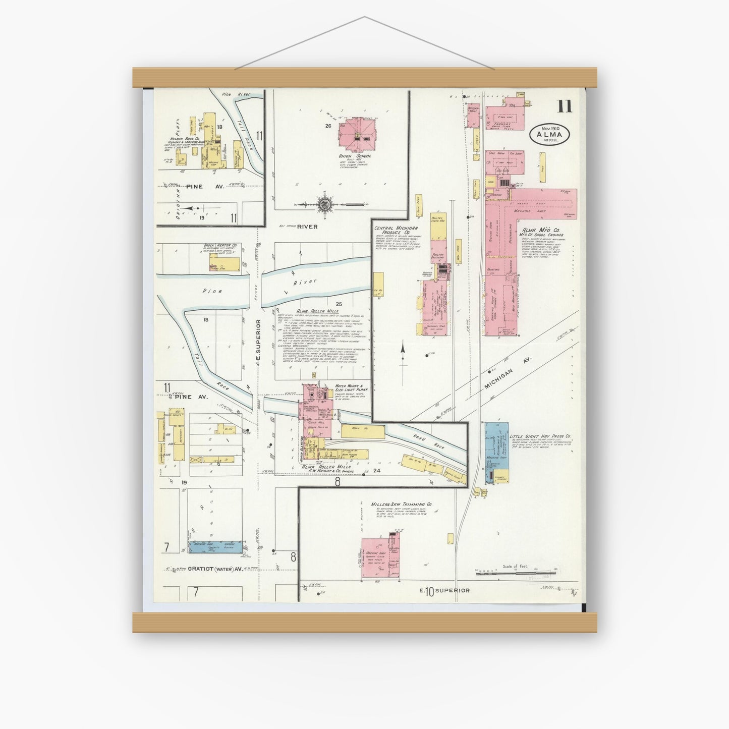 Old map wall art mockup — magnetic wood frame on white wall — Sanborn Fire Insurance Map from Alma, Gratiot County, Michigan (1910), Sheet #0011