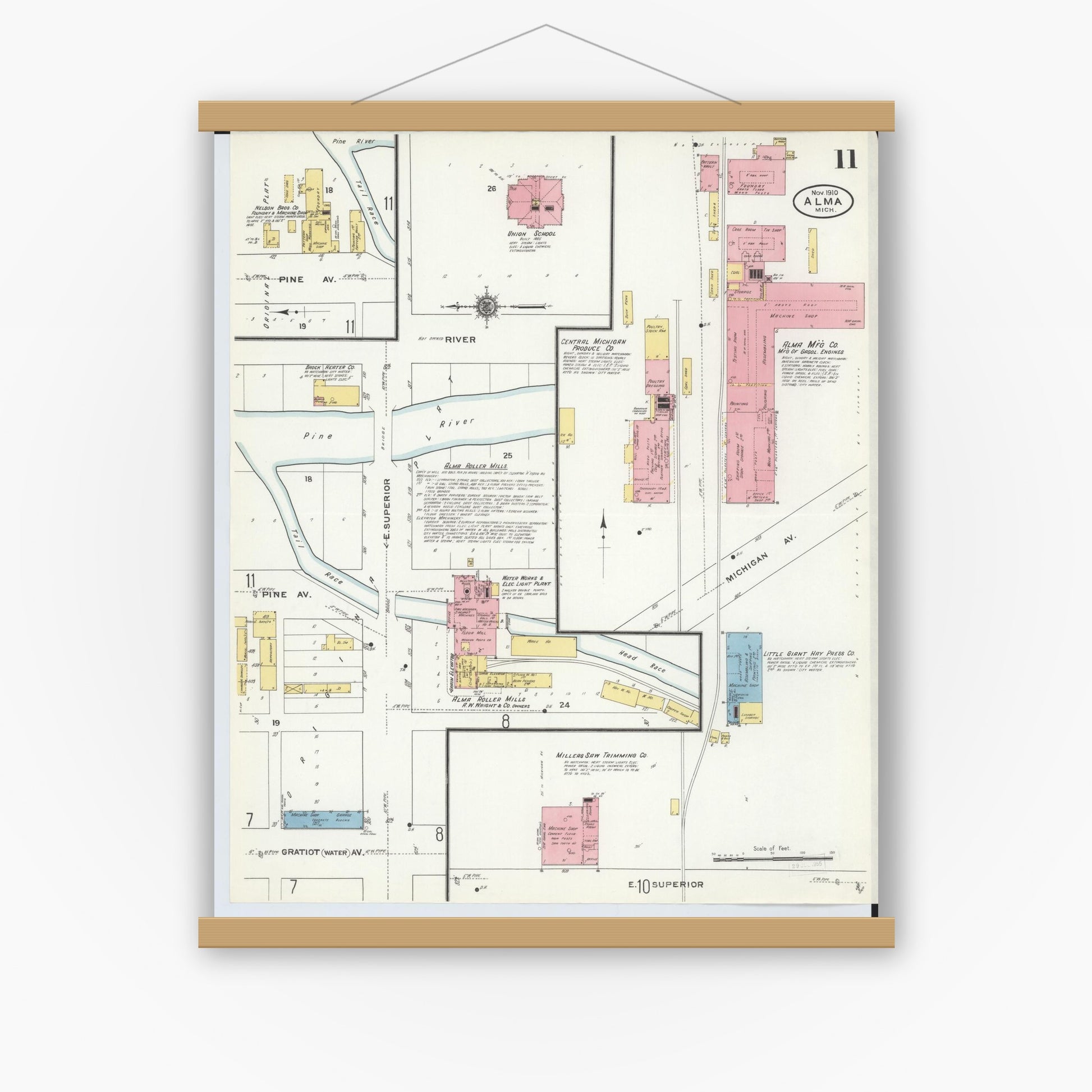 Old map wall art mockup — magnetic wood frame on white wall — Sanborn Fire Insurance Map from Alma, Gratiot County, Michigan (1910), Sheet #0011