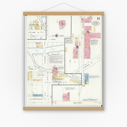 Old map wall art mockup — magnetic wood frame on white wall — Sanborn Fire Insurance Map from Alma, Gratiot County, Michigan (1910), Sheet #0011