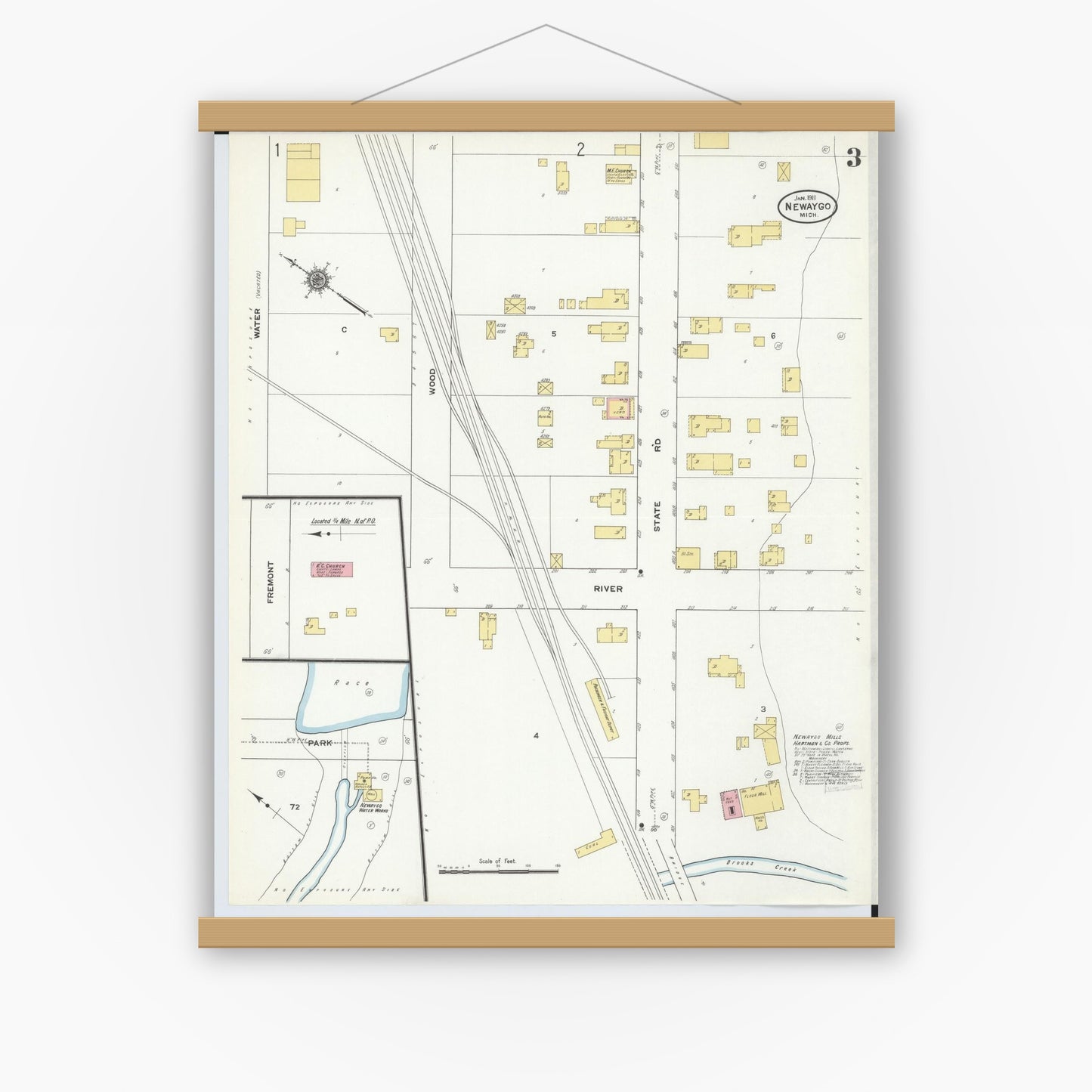 Old map wall art mockup — magnetic wood frame on white wall — Sanborn Fire Insurance Map from Newaygo, Newaygo County, Michigan (1911), Sheet #0003