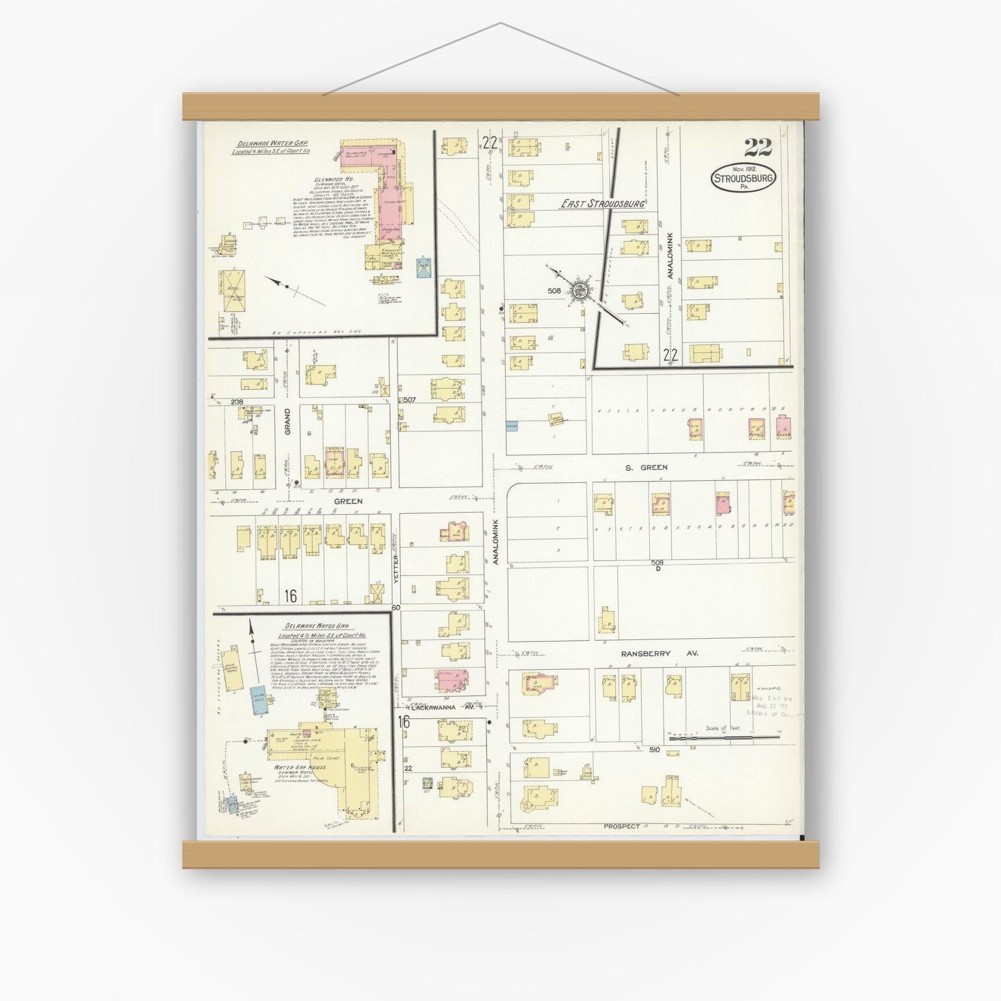 Old map wall art mockup — magnetic wood frame on white wall — Sanborn Fire Insurance Map from Stroudsburg, Monroe County, Pennsylvania (1912), Sheet #0022