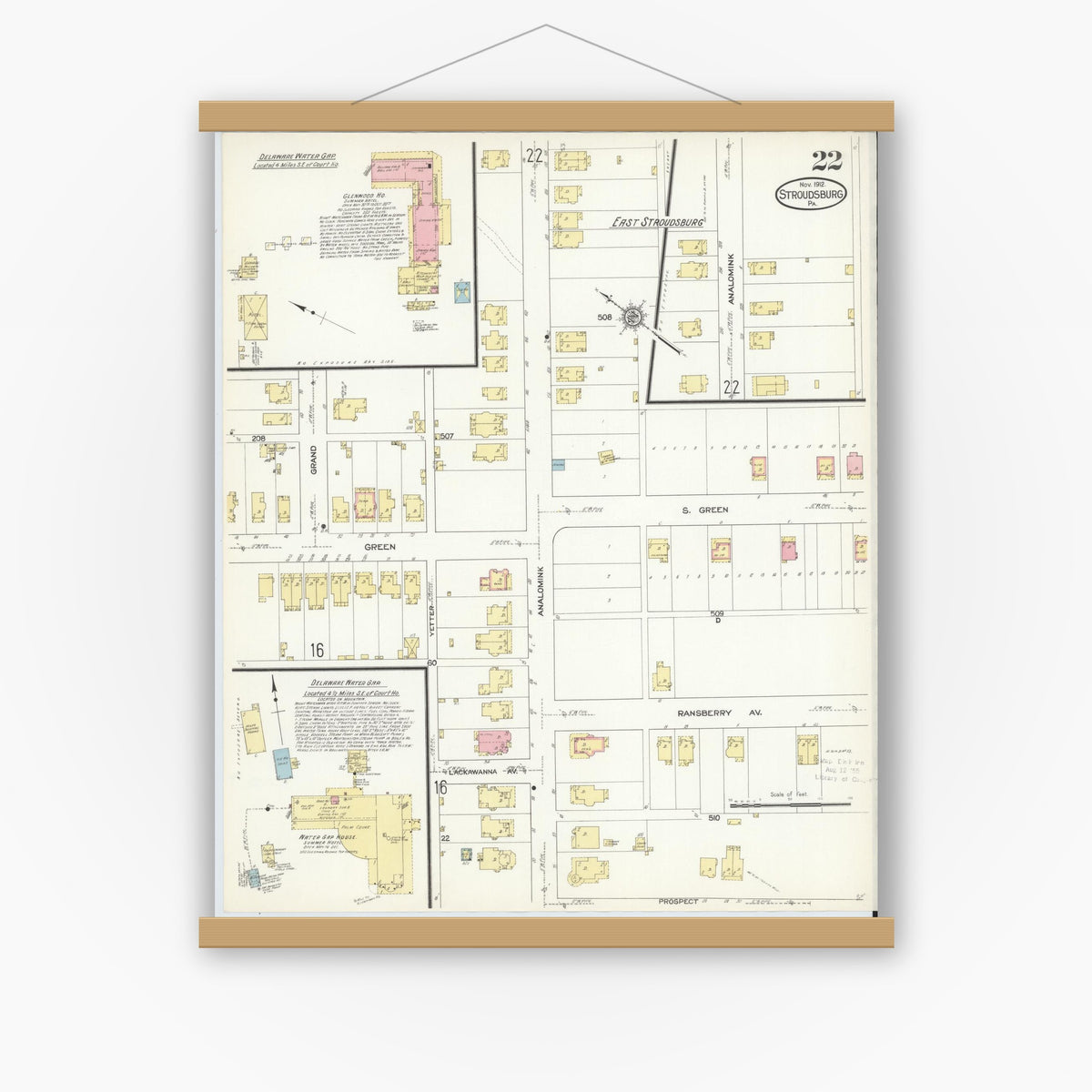 Old map wall art mockup — magnetic wood frame on white wall — Sanborn Fire Insurance Map from Stroudsburg, Monroe County, Pennsylvania (1912), Sheet #0022