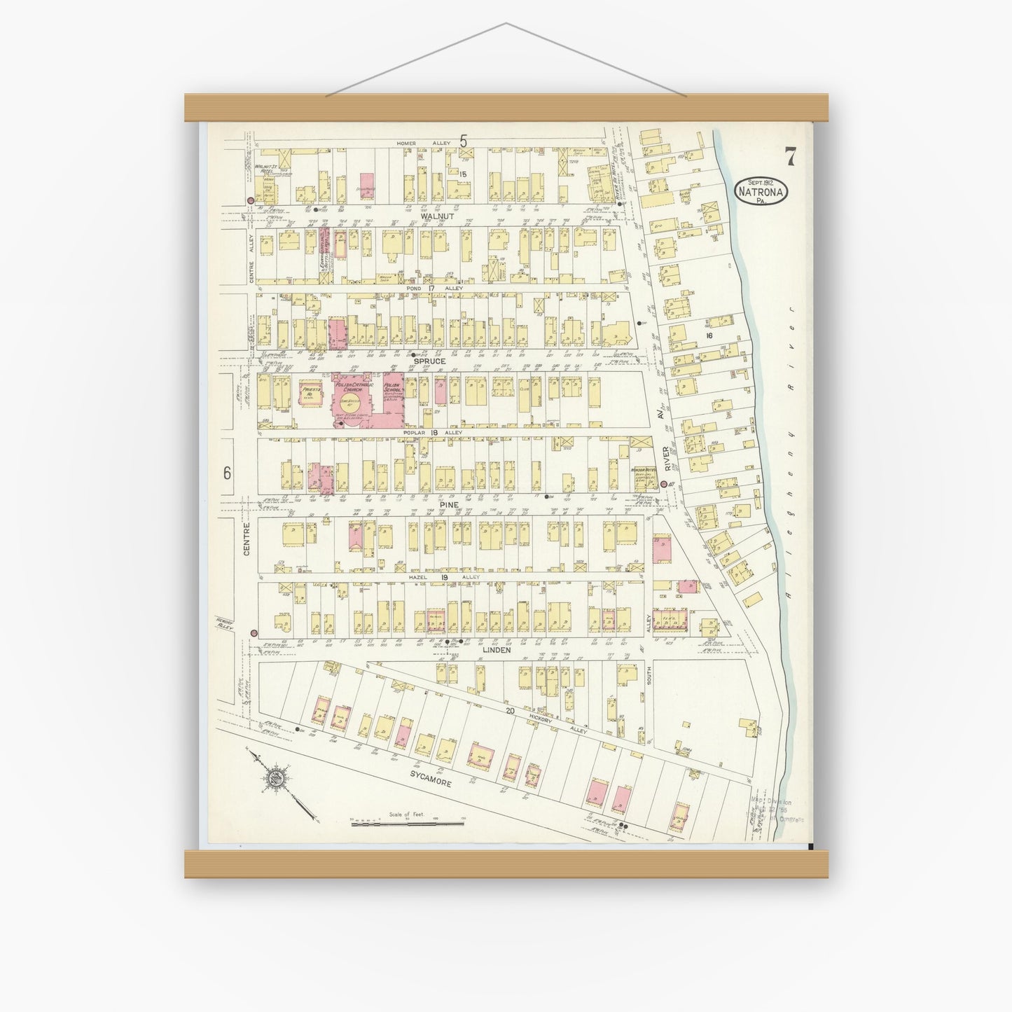 Old map wall art mockup — magnetic wood frame on white wall — Sanborn Fire Insurance Map from Natrona, Allegheny County, Pennsylvania (1912), Sheet #0007