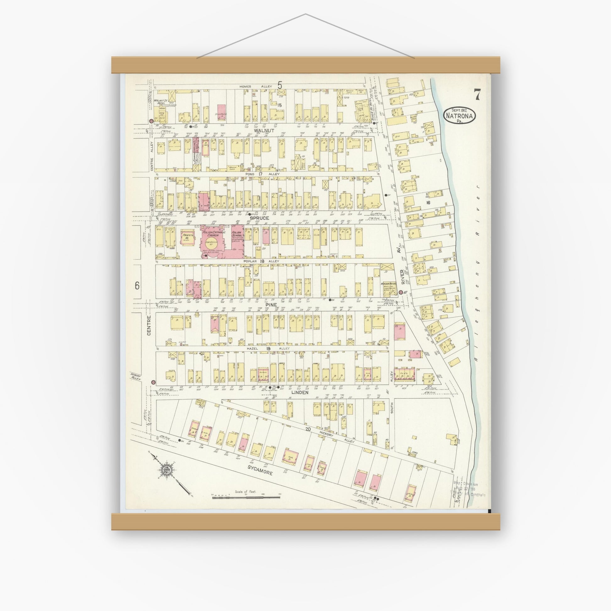 Old map wall art mockup — magnetic wood frame on white wall — Sanborn Fire Insurance Map from Natrona, Allegheny County, Pennsylvania (1912), Sheet #0007