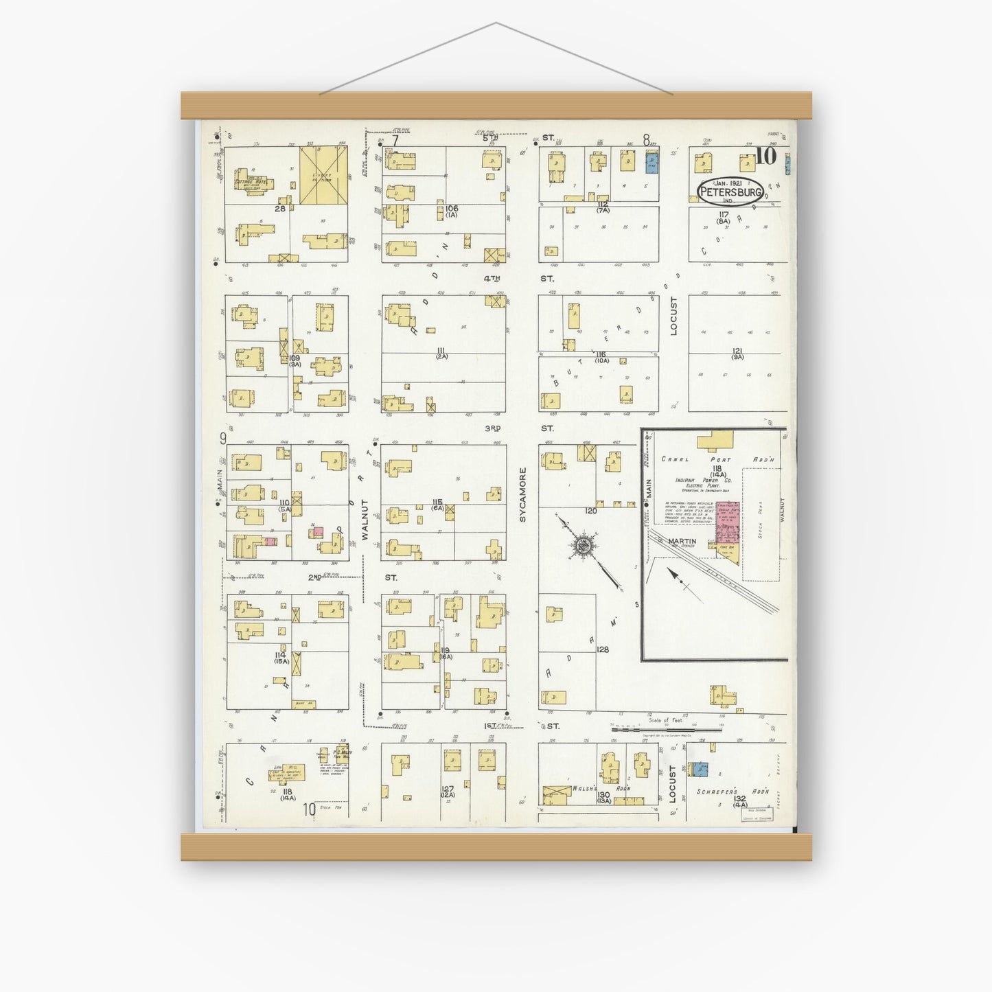 Old map wall art mockup — magnetic wood frame on white wall — Sanborn Fire Insurance Map from Petersburg, Pike County, Indiana (1921), Sheet #0010