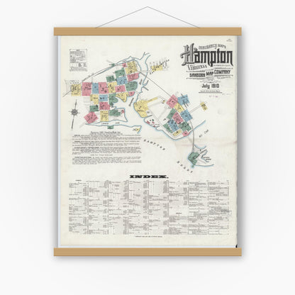 Old map wall art mockup — magnetic wood frame on white wall — Sanborn Fire Insurance Map from Hampton, Independent Cities, Virginia (1910) - Complete Map Set