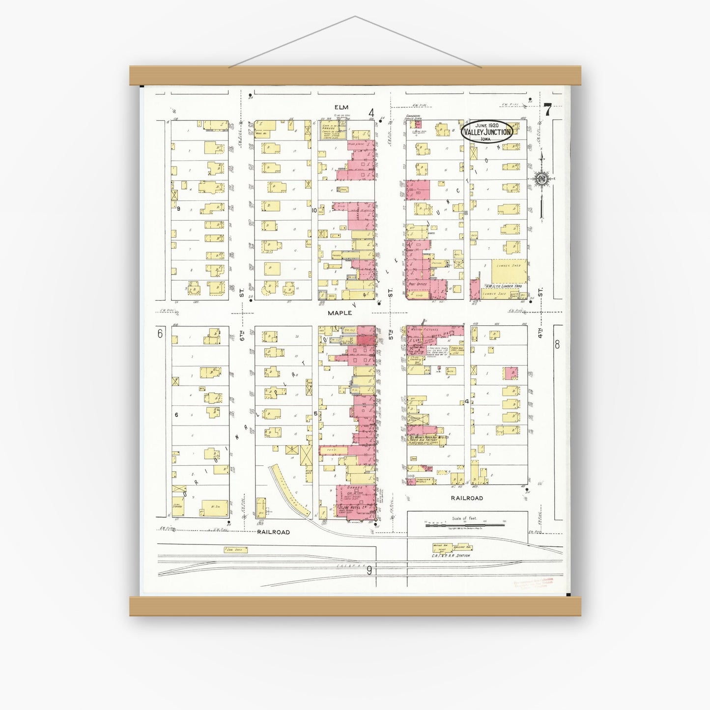 Old map wall art mockup — magnetic wood frame on white wall — Sanborn Fire Insurance Map from Valley Junction, Polk County, Iowa (1920), Sheet #0007