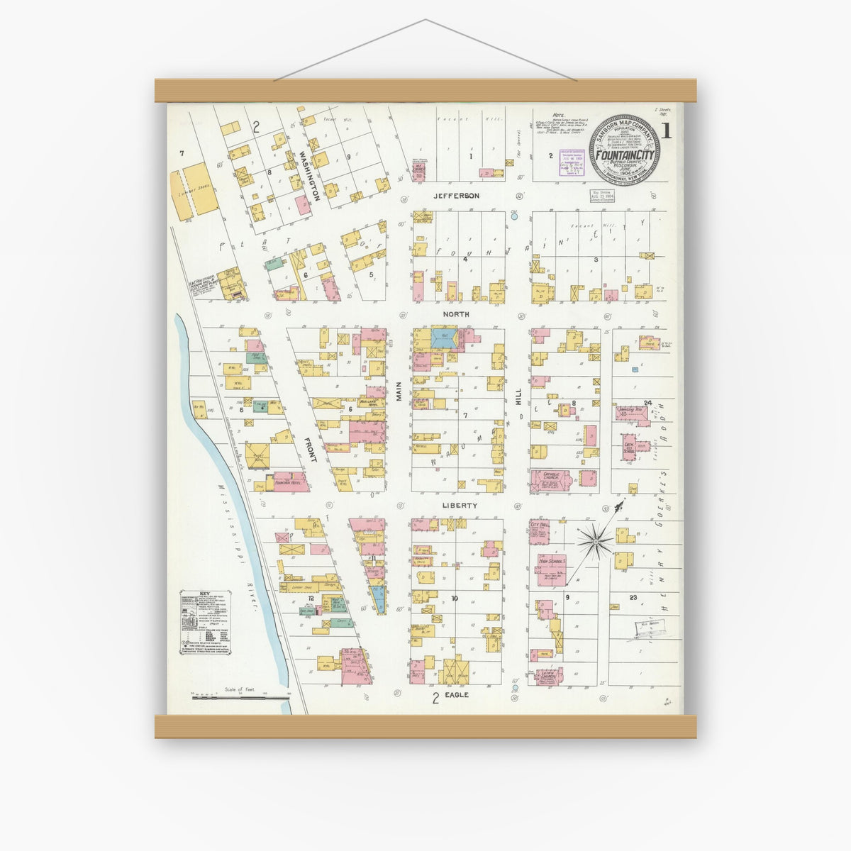 Old map wall art mockup — magnetic wood frame on white wall — Sanborn Fire Insurance Map from Fountain City, Buffalo County, Wisconsin (1904) - Complete Map Set