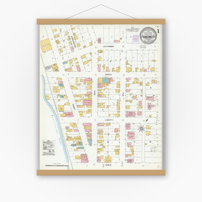 Old map wall art mockup — magnetic wood frame on white wall — Sanborn Fire Insurance Map from Fountain City, Buffalo County, Wisconsin (1904) - Complete Map Set