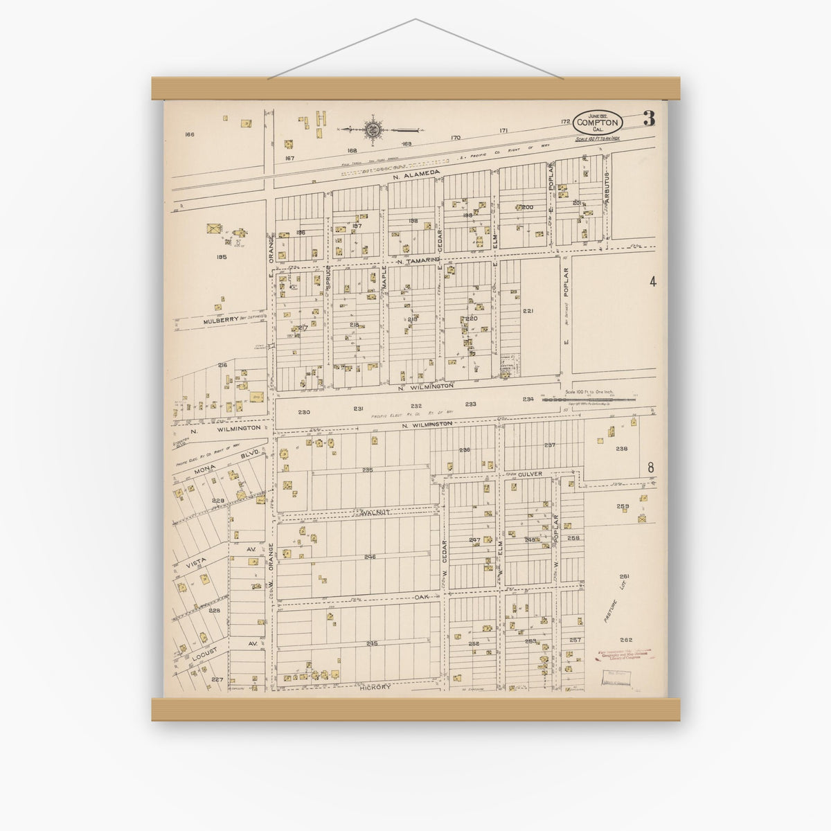 Old map wall art mockup — magnetic wood frame on white wall — Sanborn Fire Insurance Map from Compton, Los Angeles County, California (1922), Sheet #0003