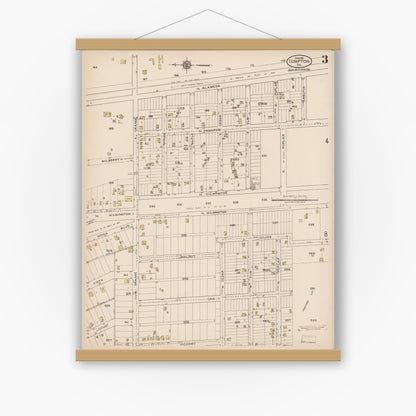 Old map wall art mockup — magnetic wood frame on white wall — Sanborn Fire Insurance Map from Compton, Los Angeles County, California (1922), Sheet #0003