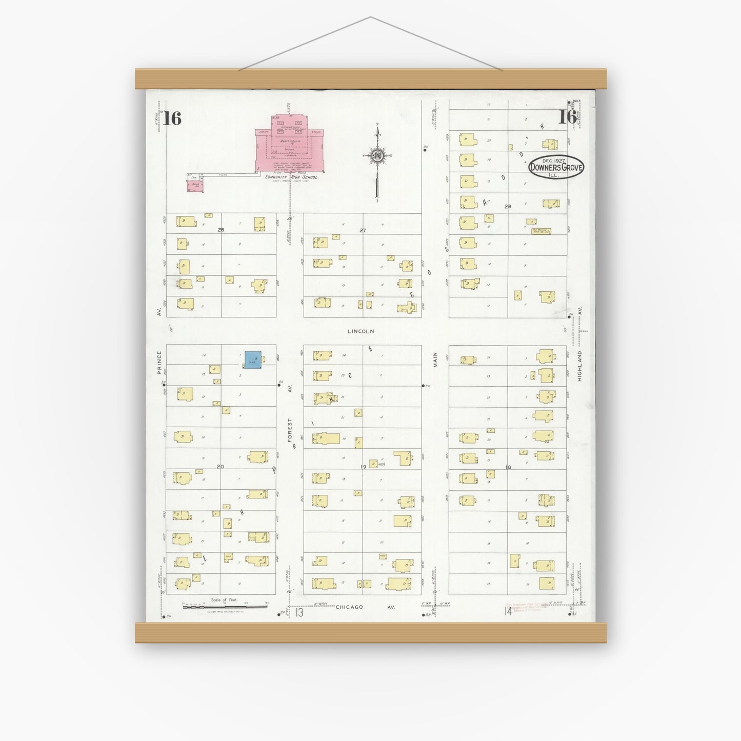 Old map wall art mockup — magnetic wood frame on white wall — Sanborn Fire Insurance Map from Downers Grove, Dupage County, Illinois (1927), Sheet #0016