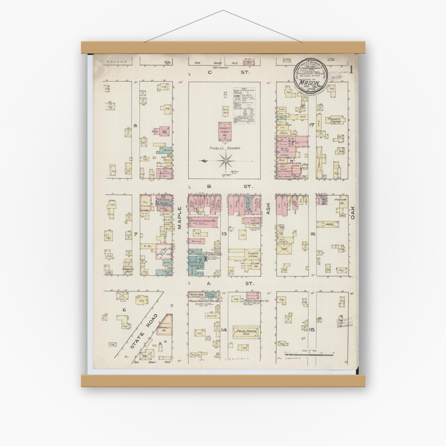 Old map wall art mockup — magnetic wood frame on white wall — Sanborn Fire Insurance Map from Mason, Ingham County, Michigan (1889) - Complete Map Set