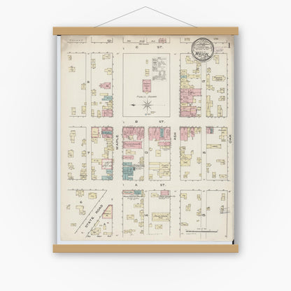 Old map wall art mockup — magnetic wood frame on white wall — Sanborn Fire Insurance Map from Mason, Ingham County, Michigan (1889) - Complete Map Set