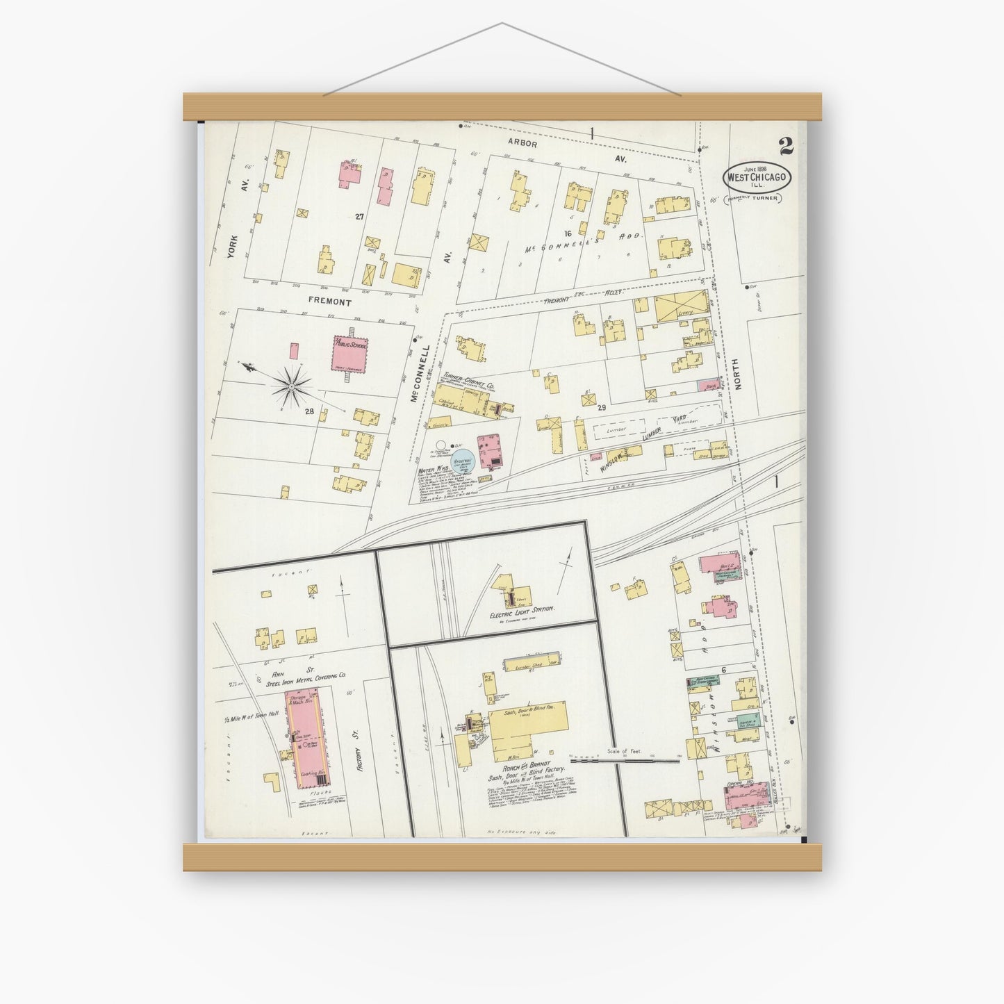 Old map wall art mockup — magnetic wood frame on white wall — Sanborn Fire Insurance Map from West Chicago, Du Page County, Illinois (1898), Sheet #0002