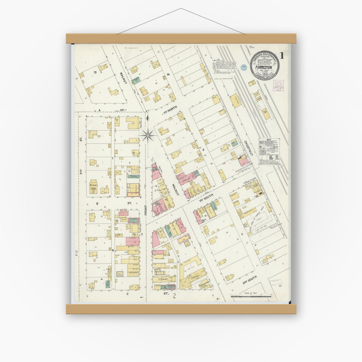 Old map wall art mockup — magnetic wood frame on white wall — Sanborn Fire Insurance Map from Forreston, Ogle County, Illinois (1905) - Complete Map Set