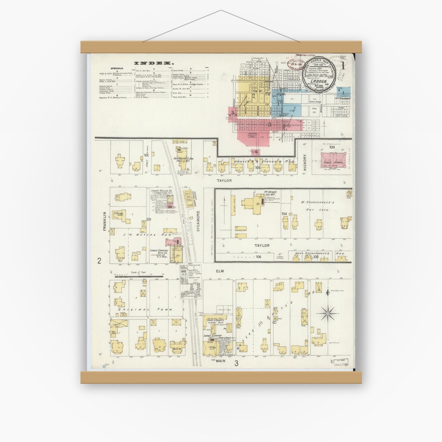 Old map wall art mockup — magnetic wood frame on white wall — Sanborn Fire Insurance Map from Ladoga, Montgomery County, Indiana (1898) - Complete Map Set