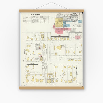 Old map wall art mockup — magnetic wood frame on white wall — Sanborn Fire Insurance Map from Ladoga, Montgomery County, Indiana (1898) - Complete Map Set