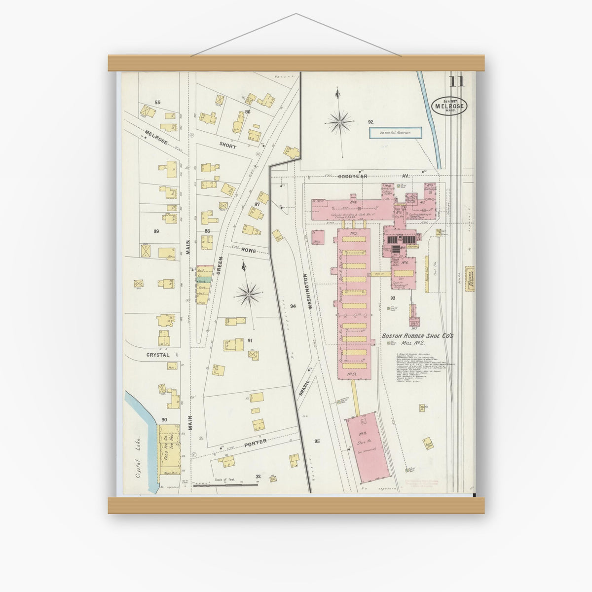 Old map wall art mockup — magnetic wood frame on white wall — Sanborn Fire Insurance Map from Melrose, Middlesex County, Massachusetts (1897), Sheet #0011