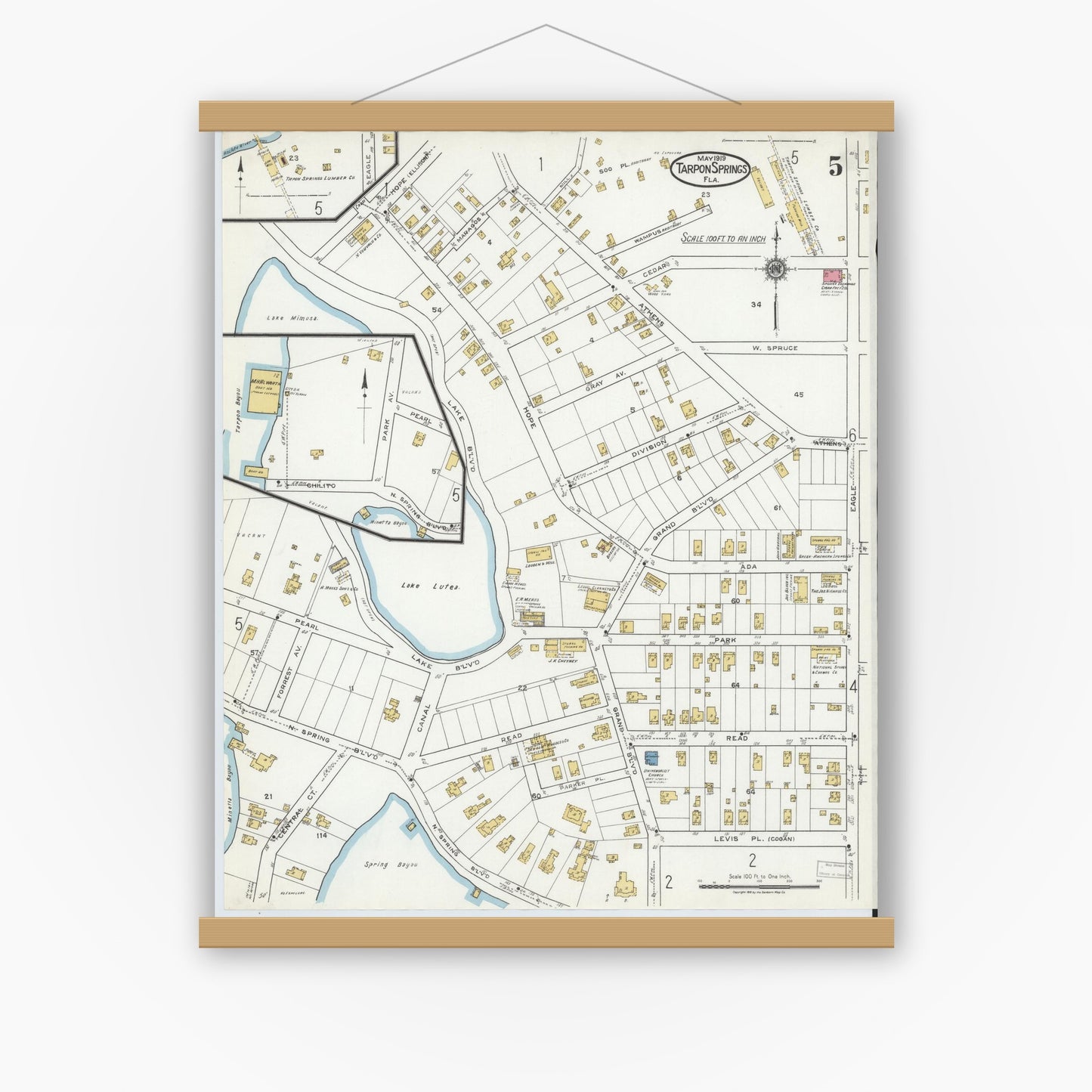 Old map wall art mockup — magnetic wood frame on white wall — Sanborn Fire Insurance Map from Tarpon Springs, Pinellas County, Florida (1919), Sheet #0005