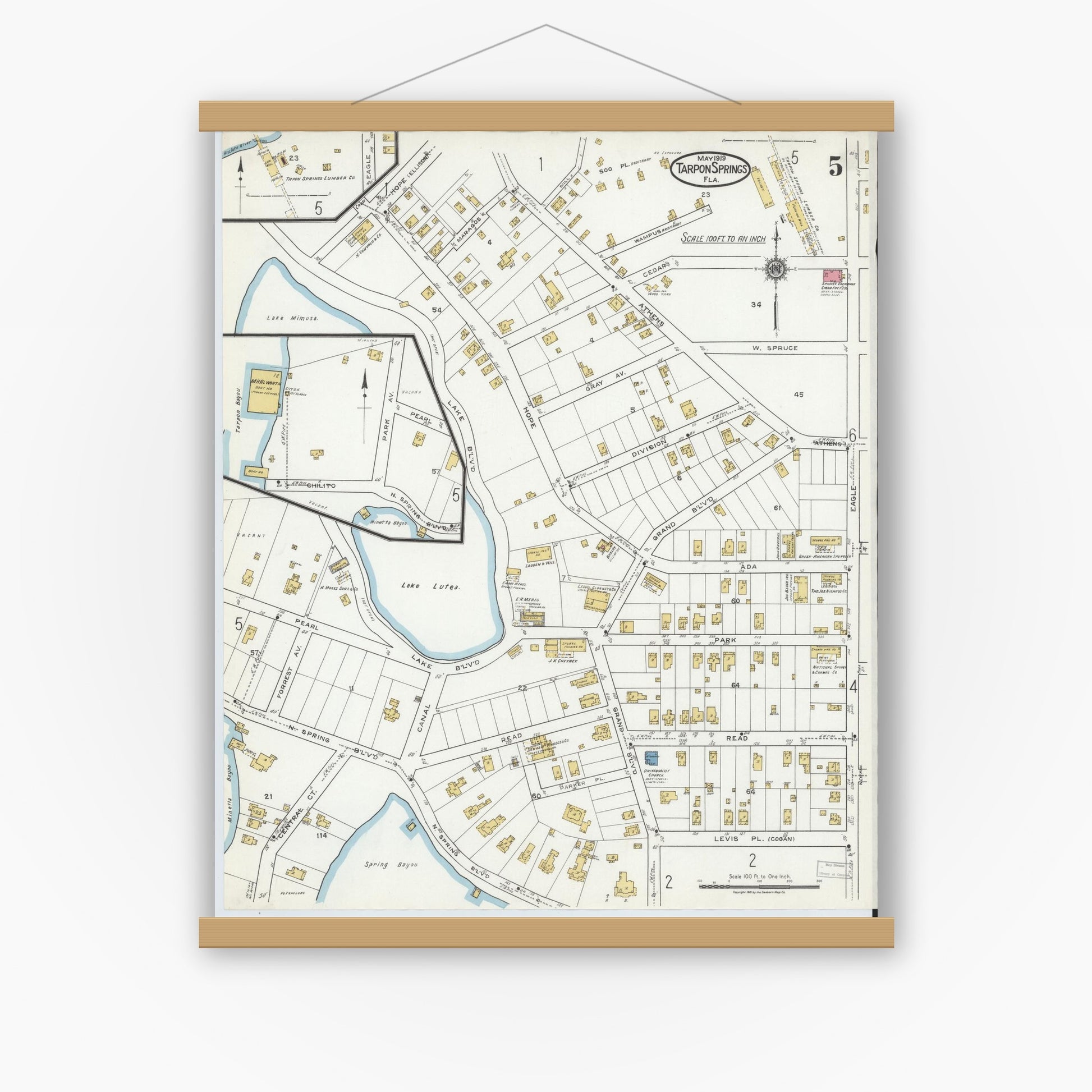 Old map wall art mockup — magnetic wood frame on white wall — Sanborn Fire Insurance Map from Tarpon Springs, Pinellas County, Florida (1919), Sheet #0005