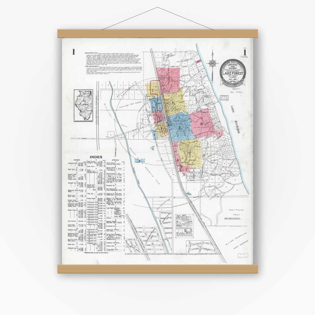 Old map wall art mockup — magnetic wood frame on white wall — Sanborn Fire Insurance Map from Lake Forest, Lake County, Illinois (1926) - Complete Map Set